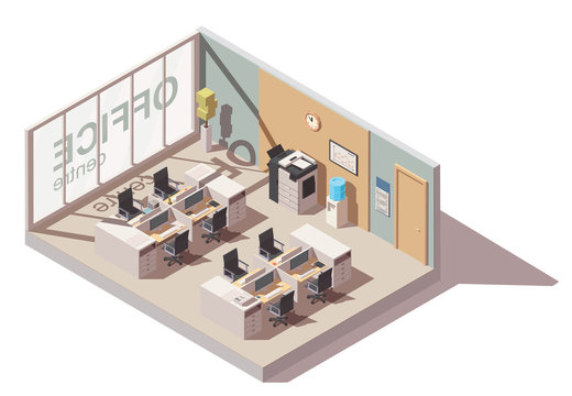 Оffice room with cubicle workplaces and office equipment. Vector isometric interior icon