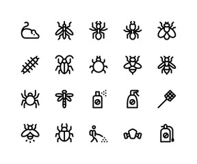 Simple Set of Pest Control Related Vector Line Icons. Contains such Icons as mouse, mosquito, ant, termite and More. pixel perfect vector icons based on 32px grid. Editable Strokes