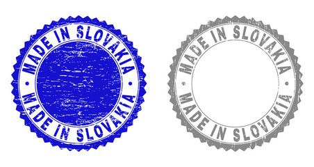Grunge MADE IN SLOVAKIA stamp seals isolated on a white background. Rosette seals with grunge texture in blue and gray colors.