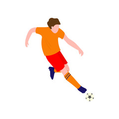Fototapeta na wymiar Soccer player in brilliant sportswear kicks the ball