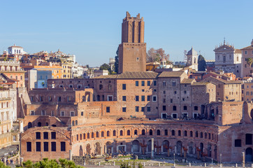 Fototapeta na wymiar The Markets of Trajan, the Militia Tower is visible in the center, rising above the markets, Rome, Italy.