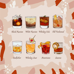 Set of classic cocktails on abstract background. Fresh bar alcoholic drinks menu. Vector sketch illustration collection. Hand drawn.