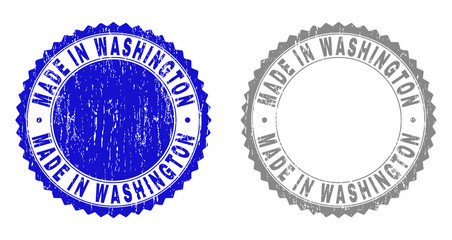 Grunge MADE IN WASHINGTON stamp seals isolated on a white background. Rosette seals with grunge texture in blue and grey colors.