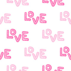 Love seamless pattern. Happy Valentines Day greeting card. Hand. Vector illustration isolated on white background.