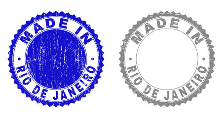 Grunge MADE IN RIO DE JANEIRO stamp seals isolated on a white background. Rosette seals with grunge texture in blue and gray colors.