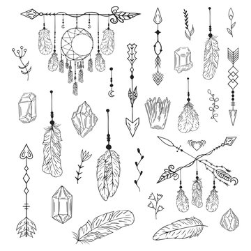 Hand drawn boho dream catcher, crystal, gem, feathers, floral pattern in native indian style. Tribal background. Vector isolated illustration.