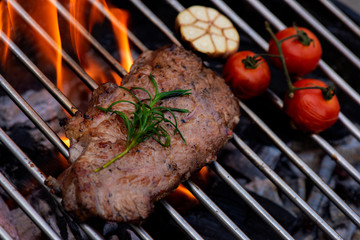 Beef steak on the grill grate, flames on background