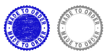 Grunge MADE TO ORDER stamp seals isolated on a white background. Rosette seals with distress texture in blue and gray colors. Vector rubber overlay of MADE TO ORDER tag inside round rosette.
