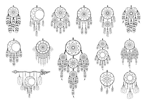 Super big hand drawn vintage bohemian dream catcher collection with heart and moon in boho style. Magic tribal indian tattoo. Traditional aztec print.