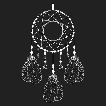 Hand drawn bohemian dream catcher in vintage boho style. Magic tribal indian tattoo. Traditional aztec print.