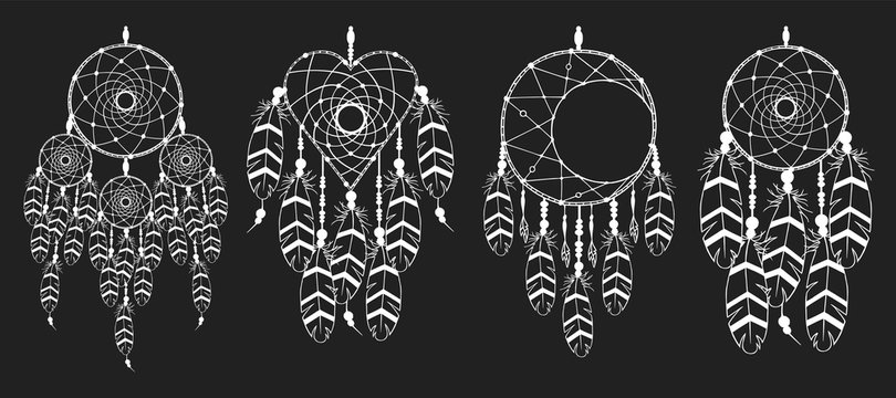 Big hand drawn vintage bohemian dream catcher collection with quill, heart and moon in boho style. Magic tribal indian tattoo. Traditional aztec print.