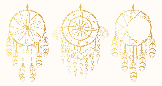 Hand drawn gold vintage dream catcher collection with feathers in boho style. Magic tribal indian golden tattoo. Traditional aztec print.
