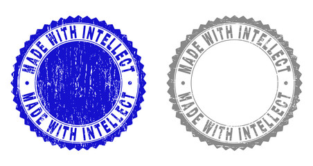 Grunge MADE WITH INTELLECT stamp seals isolated on a white background. Rosette seals with grunge texture in blue and gray colors.