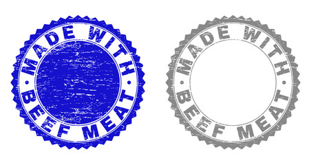 Grunge MADE WITH BEEF MEAT stamp seals isolated on a white background. Rosette seals with grunge texture in blue and gray colors.