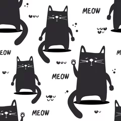 Wall murals Cats Happy cats, hand drawn backdrop. Black and white seamless pattern with animals. Decorative cute wallpaper, good for printing. Overlapping background vector. Design illustration