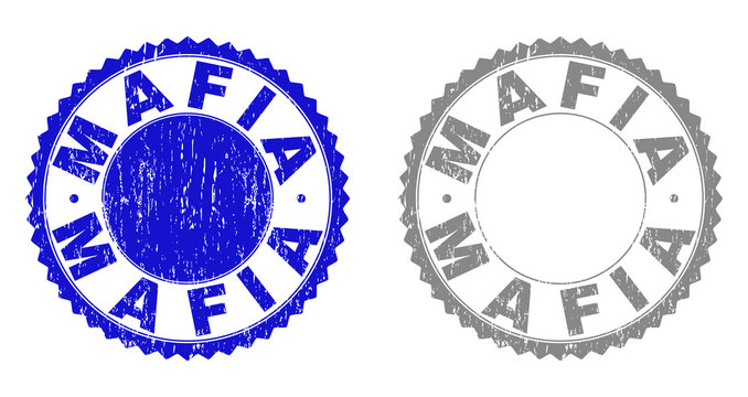 Grunge MAFIA stamps isolated on a white background. Rosette seals with distress texture in blue and grey colors. Vector rubber stamp imitation of MAFIA tag inside round rosette.