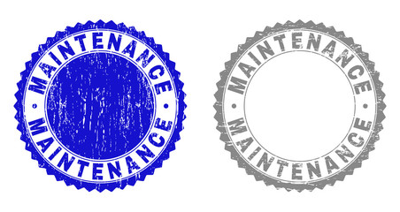 Grunge MAINTENANCE stamp seals isolated on a white background. Rosette seals with distress texture in blue and gray colors. Vector rubber stamp imprint of MAINTENANCE caption inside round rosette.