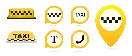 Taxi icons set.Map pin with taxi car sign. Transport set of abstract taxi objects © SMUX