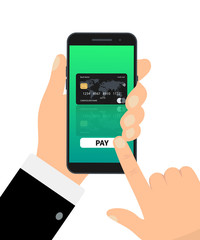 Mobile Зayment, hand holding phone. Credit card on smartphone screen. Mobile payment, transaction approved concepts. Flat design graphic elements. Vector illustration