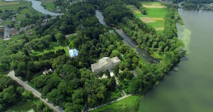 Palace of Chodkiewicz. Mlini Town. Ukraine, Rivne region, Aerial drone view