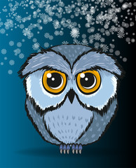 Owl sitting on a blue background with a snowflakes. Winter owl
