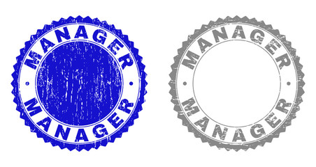 Grunge MANAGER stamp seals isolated on a white background. Rosette seals with distress texture in blue and grey colors. Vector rubber stamp imitation of MANAGER caption inside round rosette.