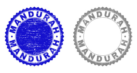 Grunge MANDURAH stamp seals isolated on a white background. Rosette seals with grunge texture in blue and gray colors. Vector rubber stamp imprint of MANDURAH label inside round rosette.
