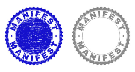 Grunge MANIFEST stamp seals isolated on a white background. Rosette seals with distress texture in blue and gray colors. Vector rubber stamp imprint of MANIFEST text inside round rosette.