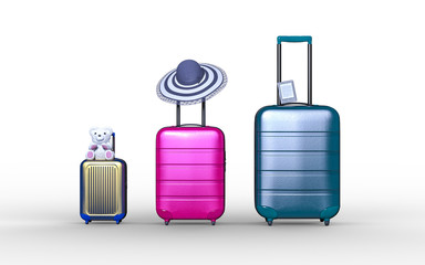 Obraz premium Three suitcase with sun hat, eBook and soft toy on white background. Travel concept. Minimal style. Copy space. Family holiday. 3D rendering illustration