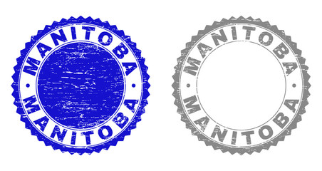 Obraz premium Grunge MANITOBA stamp seals isolated on a white background. Rosette seals with distress texture in blue and gray colors. Vector rubber stamp imitation of MANITOBA tag inside round rosette.