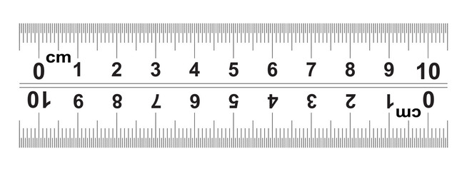 Ruler 10 centimeter. Ruler 100 mm. The direction of marking on the ruler from left to right and right to left. Value of division 0.5 mm. Precise length measurement device. Calibration grid.