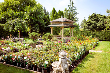 Gazebo in a botanical garden, a rose garden on a clear sunny day, a gazebo in oriental style