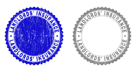 Grunge LANDLORDS' INSURANCE stamp seals isolated on a white background. Rosette seals with grunge texture in blue and gray colors.