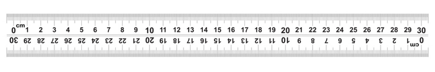 Ruler 30 centimeter. Ruler 300 mm. The direction of marking on the ruler from left to right and right to left. Value of division 0.5 mm. Precise length measurement device. Calibration grid.