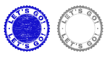 Grunge LET'S GO! stamp seals isolated on a white background. Rosette seals with grunge texture in blue and grey colors. Vector rubber stamp imitation of LET'S GO! title inside round rosette.
