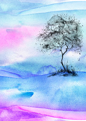 Watercolor banner, logo, postcard. Black silhouette of the tree, bush, poplar, maple.  Watercolor landscape, black splash of paint, abstract spots, beautiful drawing. blue, black splash of paint.