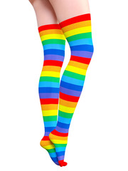 3D Beautiful female legs in multicolored gaiters stockings. Woman studio photography. High heel. Conceptual fashion art. Seductive candid pose. Render illustration. Summer clothes.