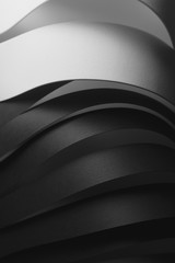 White and black curved elements, dark abstract background, 3d illustration