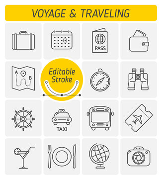 The traveling and voyage outline vector icon set. A holidays, vacation and tourism symbols. The camera, airplane ticket, food, money, car, bus, thin linear vector icons with editable strokes width.