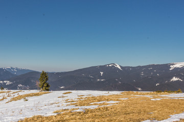 Snow-capped mountains and hills. Mountains Carpathians in Ukraine. Winter mountain landscape. Mountain Bukovel. Panorama from the top of the mountain. Freeride ski slope. Skiing and snowboarding.