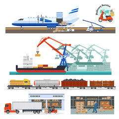 Loading transportation of cargo by plane, sea vessel, truck, scooter.