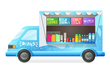 Street van, shop truck counter on wheels, stall, sale drinks.