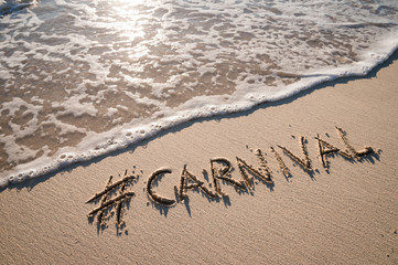 Modern message for Carnival with a social media-friendly hashtag written on smooth sand beach