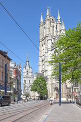 City Ghent. Cityscape. St. Bovon's Cathedral and Belfries tower