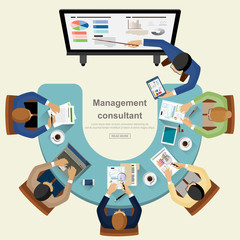 Business meeting and brainstorming. Idea and business concept for teamwork. Vector illustration infographic template with people, team, light bulb and icon.Print