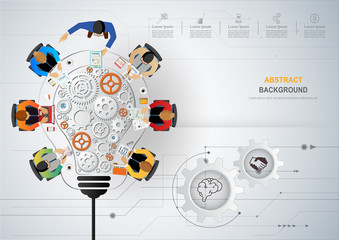 Business meeting and brainstorming. Idea and business concept for teamwork. Vector illustration infographic template with people, team, light bulb and icon.Print