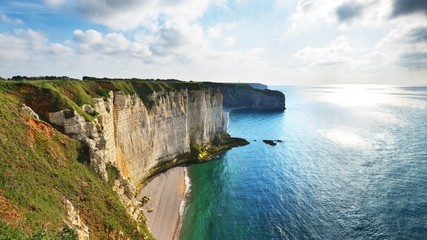 View of Etretat white cliffs in Normandy, France