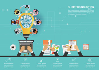 Business meeting and brainstorming. Idea and business concept for teamwork. Vector illustration infographic template with people, team, light bulb and icon.Print