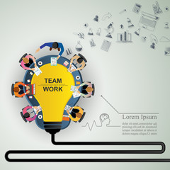 Business meeting and brainstorming. Idea and business concept for teamwork. Vector illustration infographic template with people, team, light bulb and icon.Print
