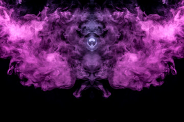 Abstract mystical bat silhouette straightened wings from streams of colorful smoke evaporating from a vape illuminated by neon lights on a black background.